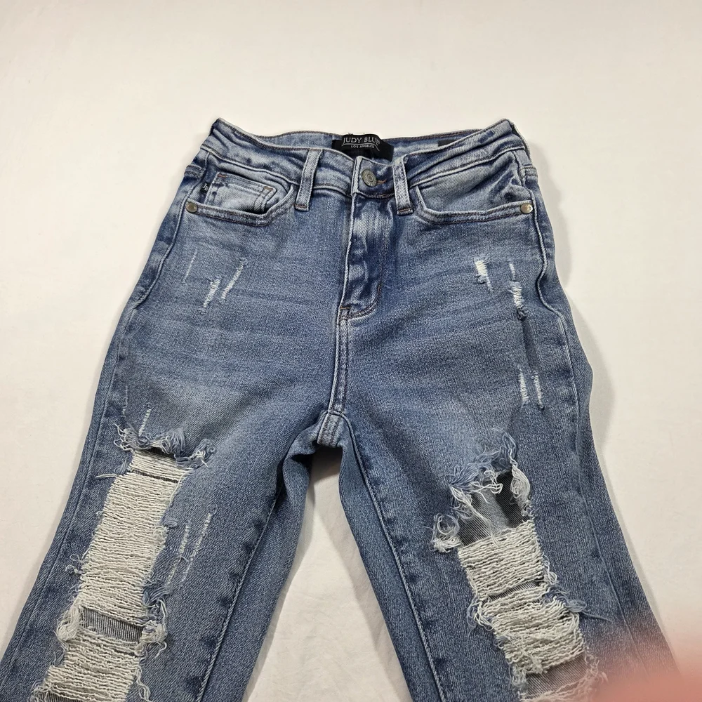 Judy Blue Medium Blue Flare Jeans with Distressed Details - Picture 12 of 13